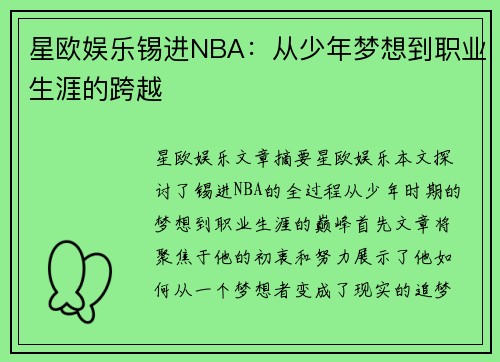 星欧娱乐锡进NBA：从少年梦想到职业生涯的跨越